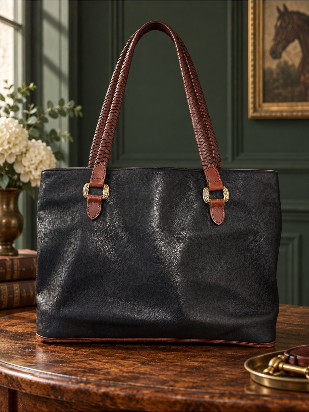 Fossil Classic Women's Black Leather Tote with Brown Braided Handles